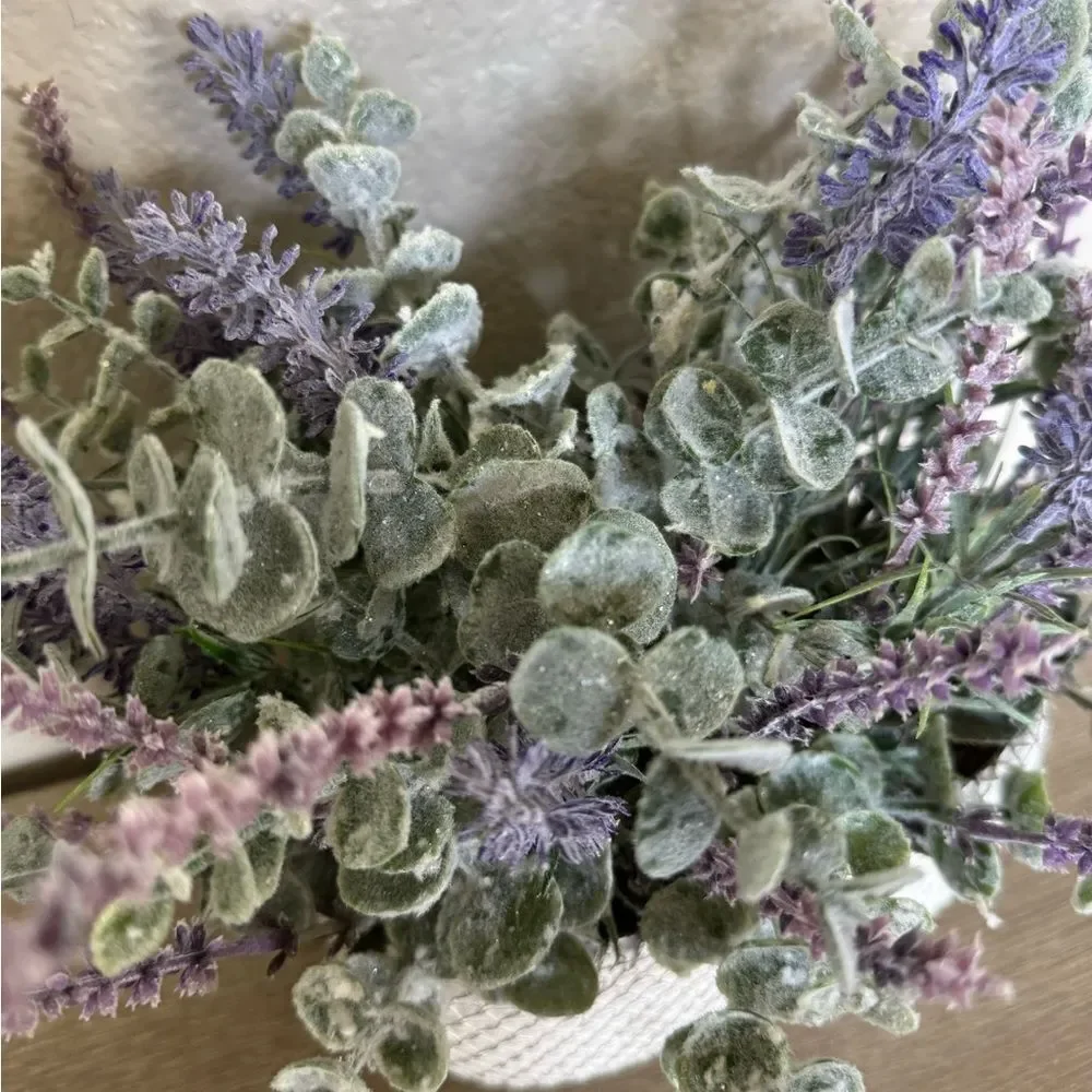 Lavender Eucalyptus Faux Floral Ceramic Oval Planter Pot Decor Arrangement